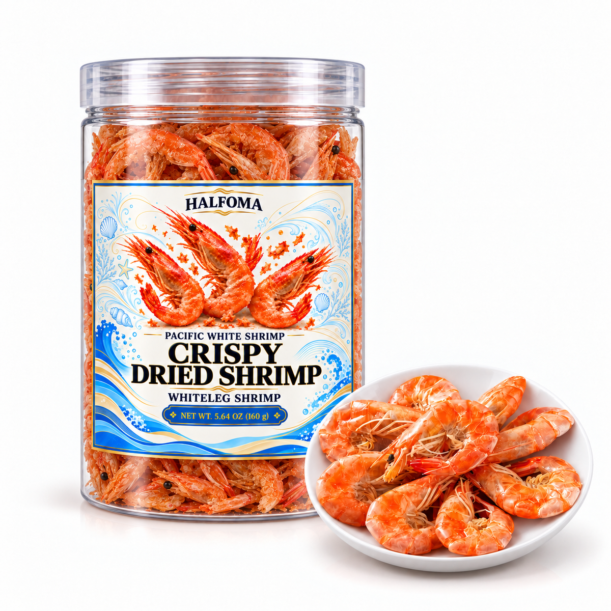 Halfoma Crispy Dried Whiteleg Shrimp Snack, Whole Shrimp, 5.64 oz (160 g)