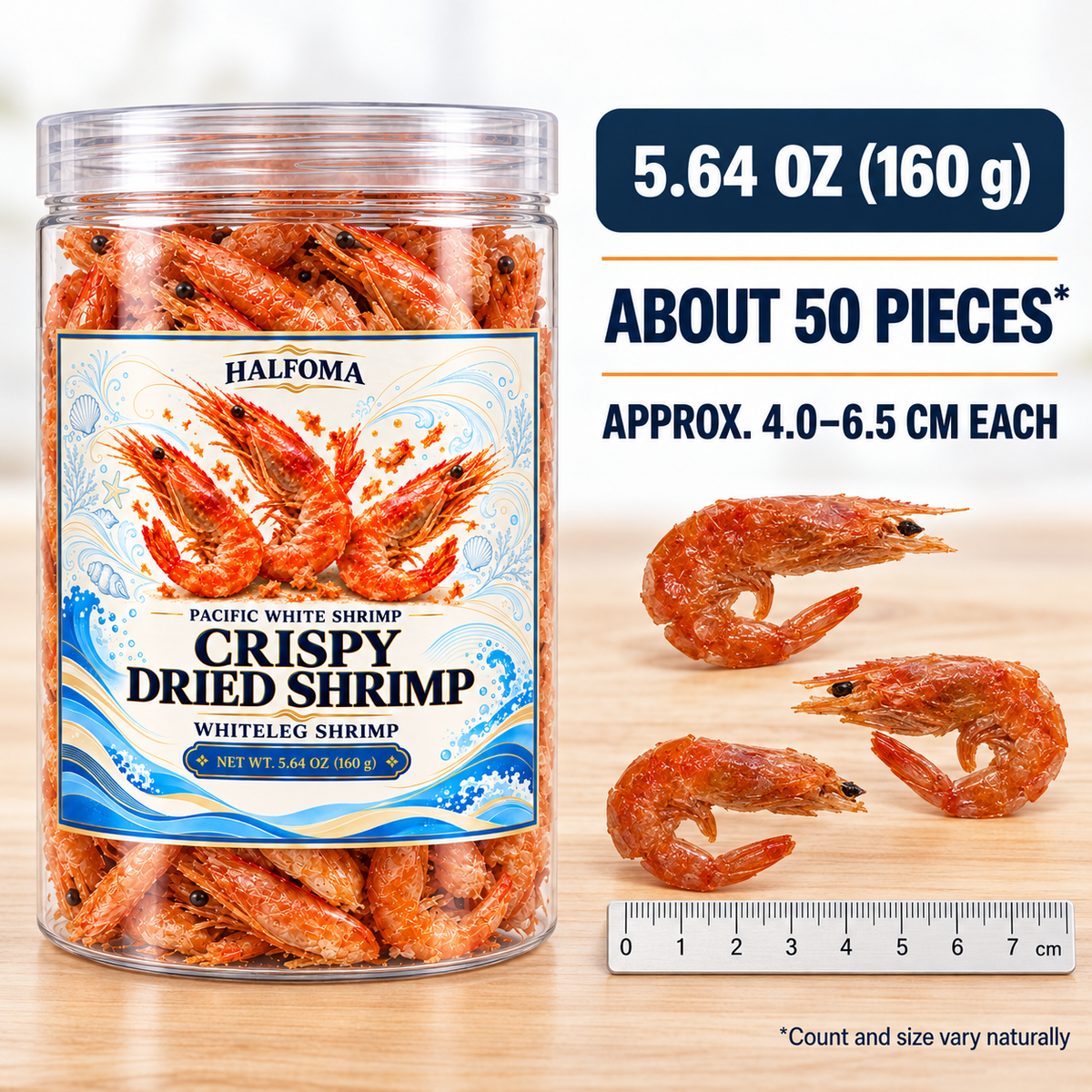Halfoma Crispy Dried Whiteleg Shrimp Snack, Whole Shrimp, 5.64 oz (160 g)