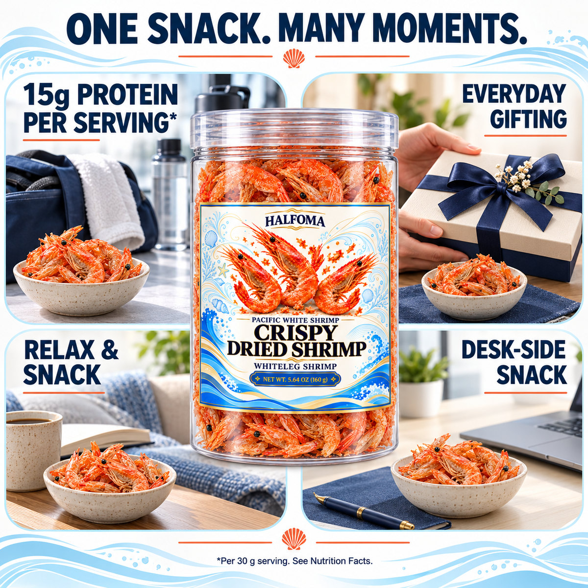 Halfoma Crispy Dried Whiteleg Shrimp Snack, Whole Shrimp, 5.64 oz (160 g)