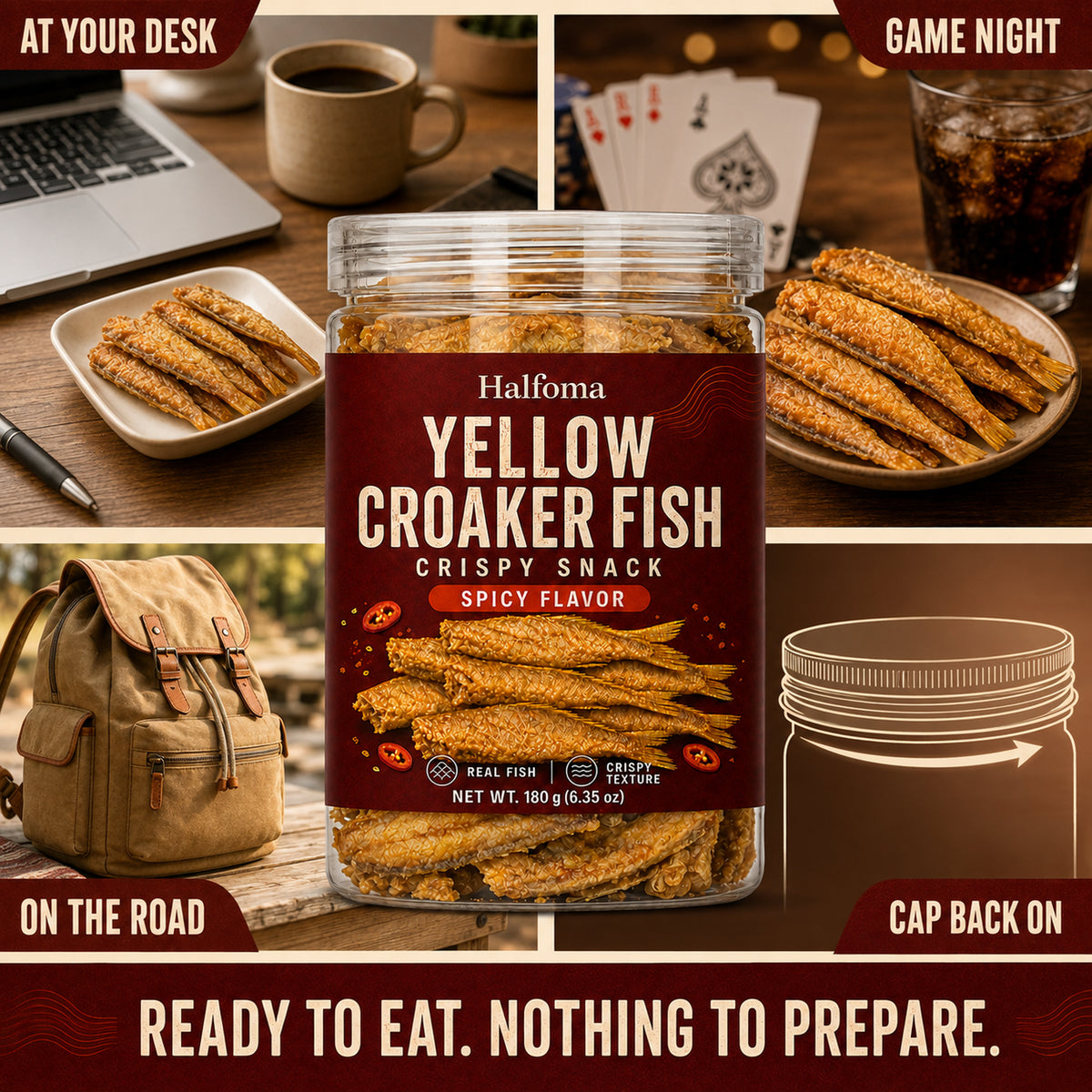Halfoma Deep Sea Yellow Croaker Fish Crisps, Spicy, 6.35oz Jar