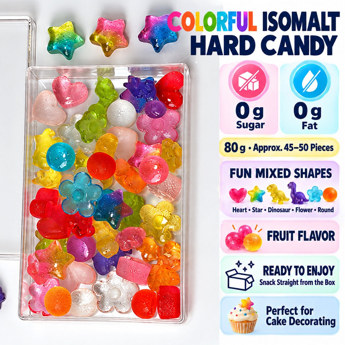 Mini Colorful & Cute Shaped Isomalt Hard Candy, Fruit Flavored, 80g